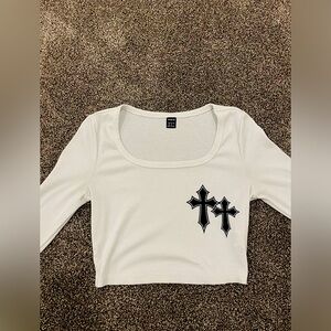 long sleeve cropped, white shirt w crosses